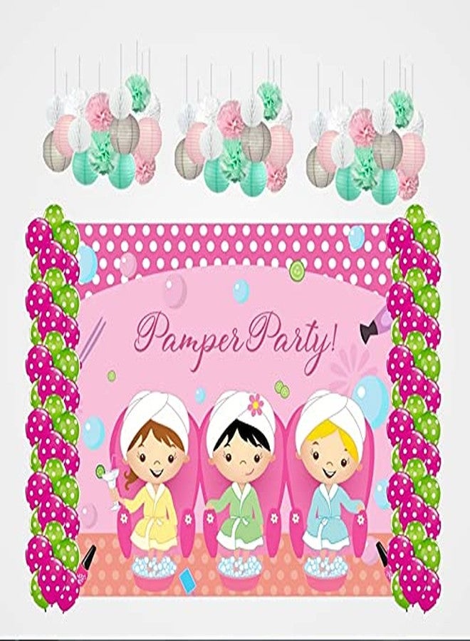 Theme My Party Combo Kit -Spa Theme Decoration Kit with Backdrop,Balloons and Pom Pom/Lanterns (6ft X 4ft) - Image 1